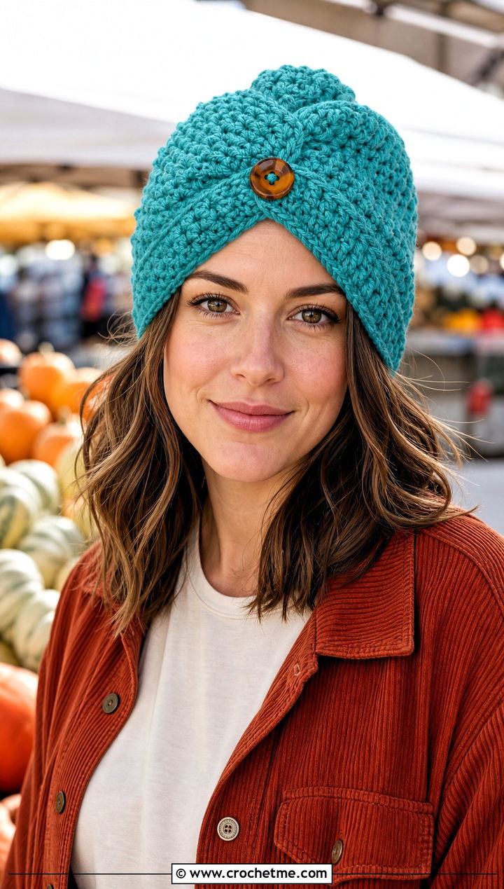 Button Front Crochet Turban Hat With Shacket And Corduroy Pants - 35 crochet turban hat outfit ideas