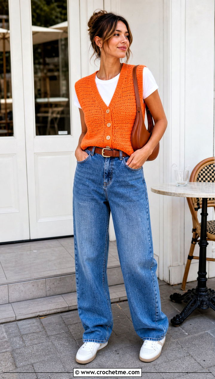 Button Front Crochet V Neck Sweater Vest With Barrel Jeans - 25 crochet v neck sweater vest outfit ideas