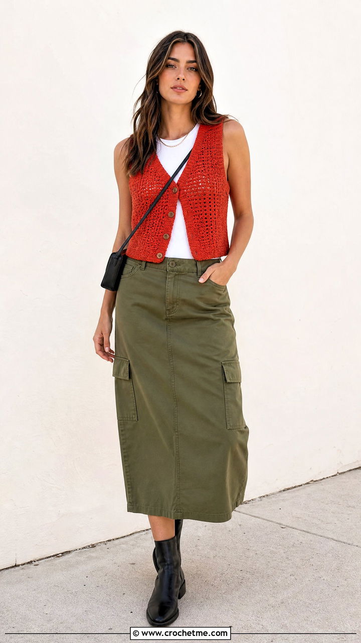 Button Front Crochet Vest Top With Cargo Skirt - 35 boho crochet top outfit ideas