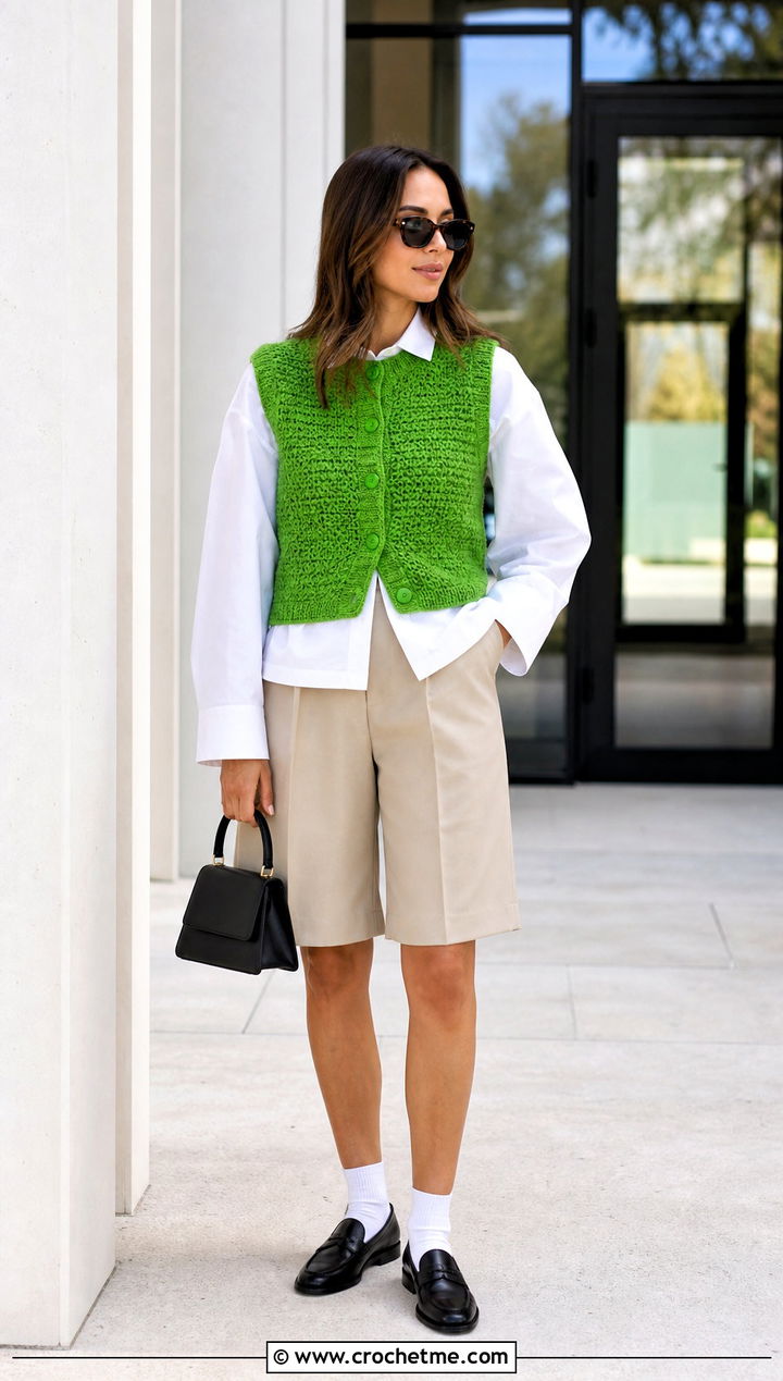 Button Front Crochet Vest Top With Poplin Shirt And Shorts - 30 unique crochet top outfit ideas