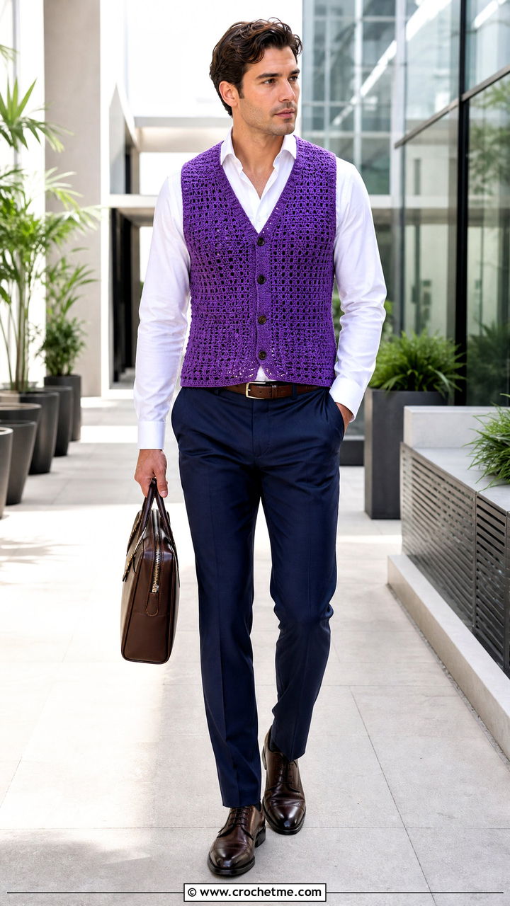 Button Front Crochet Vest With Dress Shirt And Tailored Pants - 35 crochet vest for men outfit ideas