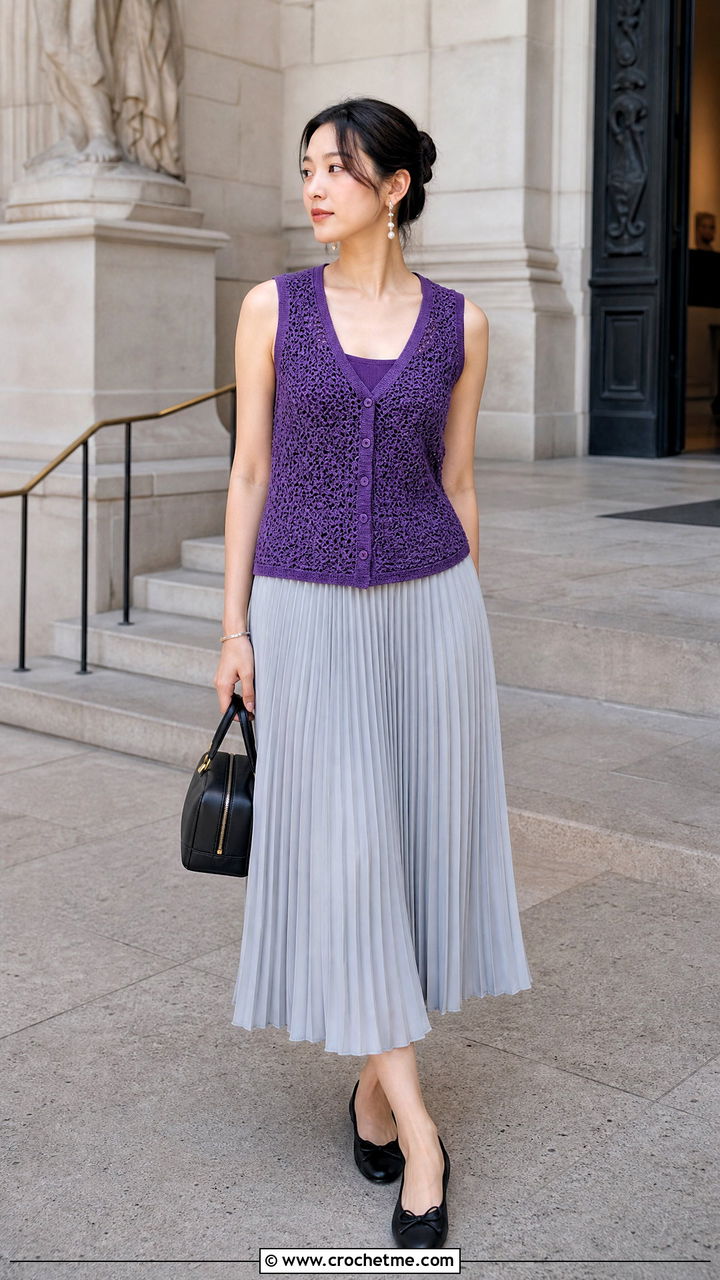 Button Front Crochet Vest With Pleated Midi Skirt - 35 easy crochet vest outfit ideas