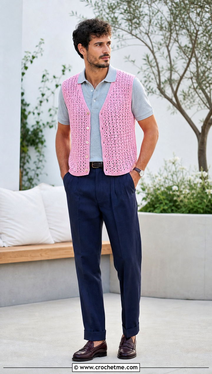 Button Front Crochet Vest With Polo Shirt And Pleated Pants - 30 mens crochet vest outfit ideas