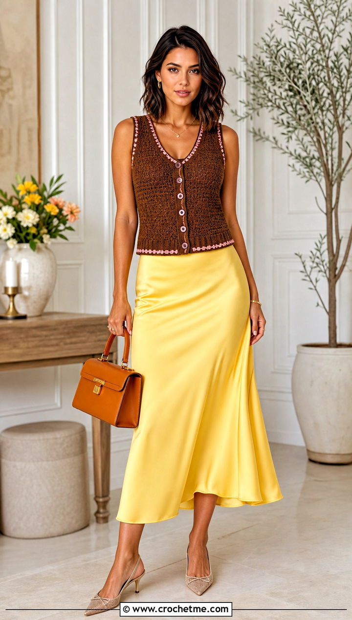 Button Front Crochet Vest With Satin Midi Skirt - 15 brown crochet vest outfit ideas
