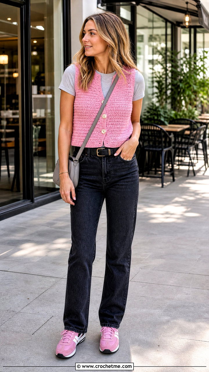 Button Front Crochet Vest With Straight Leg Jeans - 35 crochet vest woman outfit ideas