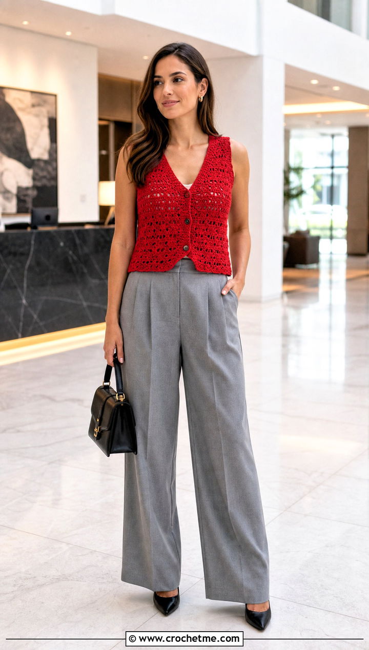 Button Front Crochet Vest With Tailored Trousers - 35 crochet vest ideas