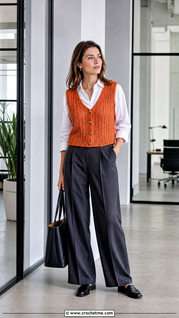 Button Front Crochet Vest With Tailored Trousers - 35 boho crochet vest outfit ideas