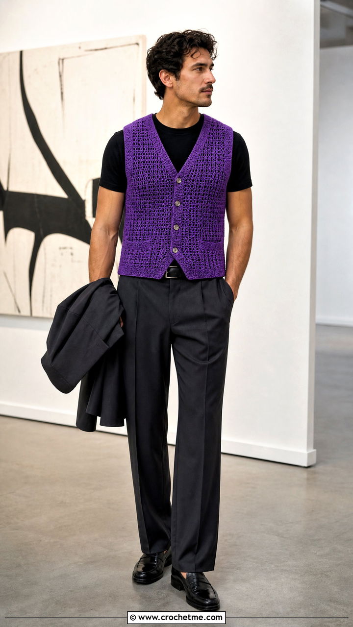Button Front Crochet Waistcoat With Suit Trousers - 35 crochet outfits for men outfit ideas