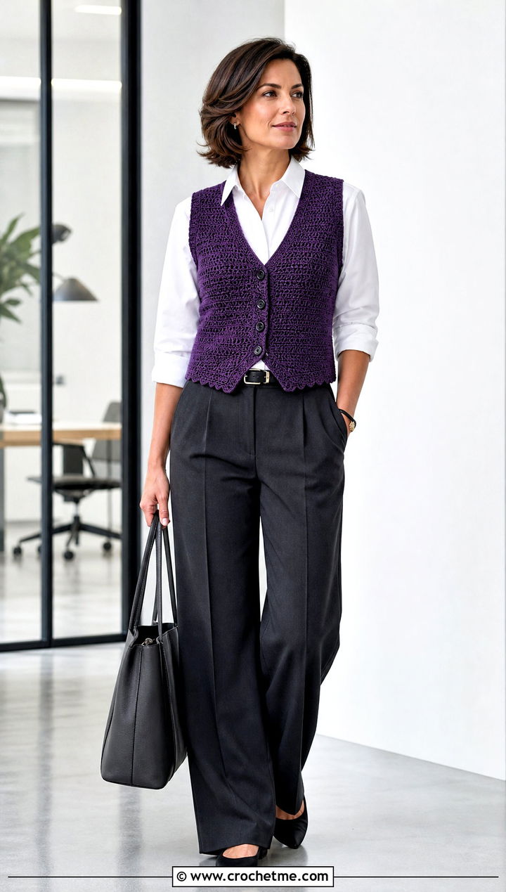 Button Front Crochet Waistcoat With Tailored Trousers - 15 easy crochet waistcoat outfit ideas