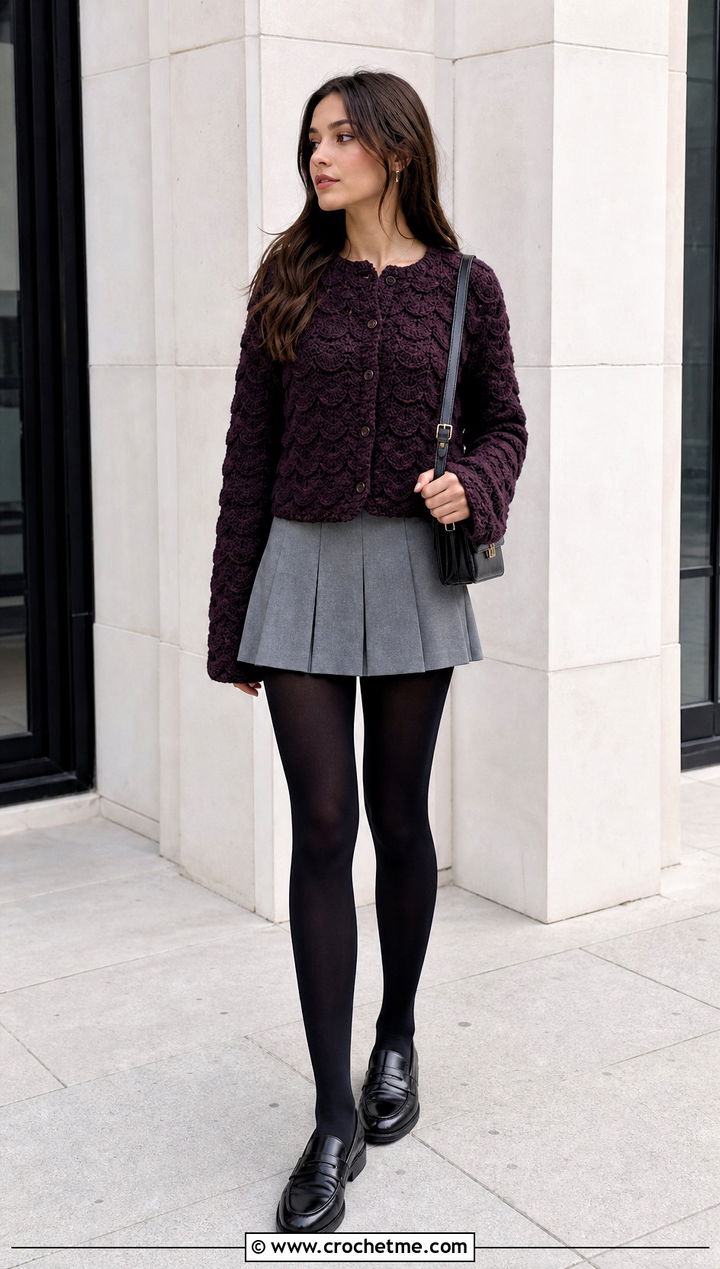 Button Front Crochet Wave Sweater With Pleated Mini Skirt - 30 crochet wave sweater outfit ideas