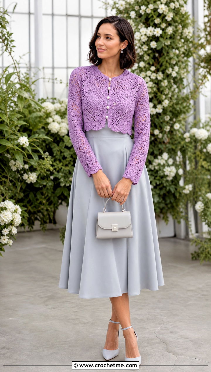 Button Front Crochet Wedding Bolero With Fit And Flare Dress - 25 Crochet Wedding Bolero outfit ideas
