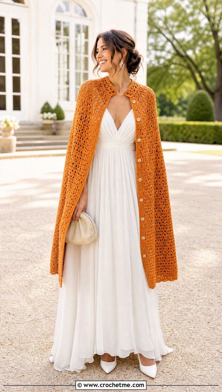 Button Front Crochet Wedding Cape With Pleated Gown - 25 Crochet Wedding Cape outfit ideas