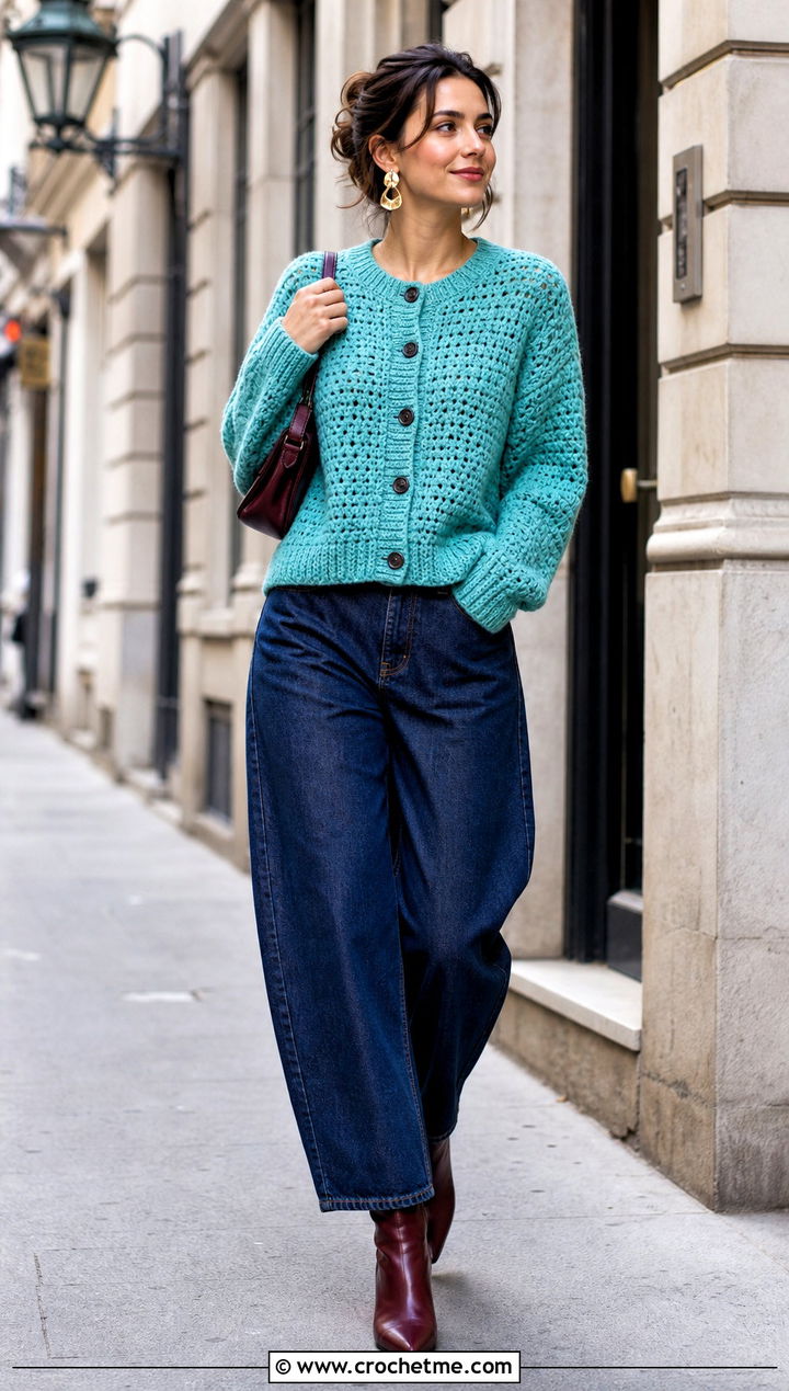 Button Front Crochet Winter Cardigan With Barrel Jeans - 25 crochet winter cardigan outfit ideas