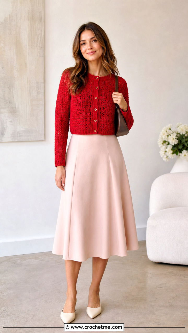 Button Front Crop Crochet Cardigan With A Line Midi Skirt - 25 crop crochet cardigan outfit ideas
