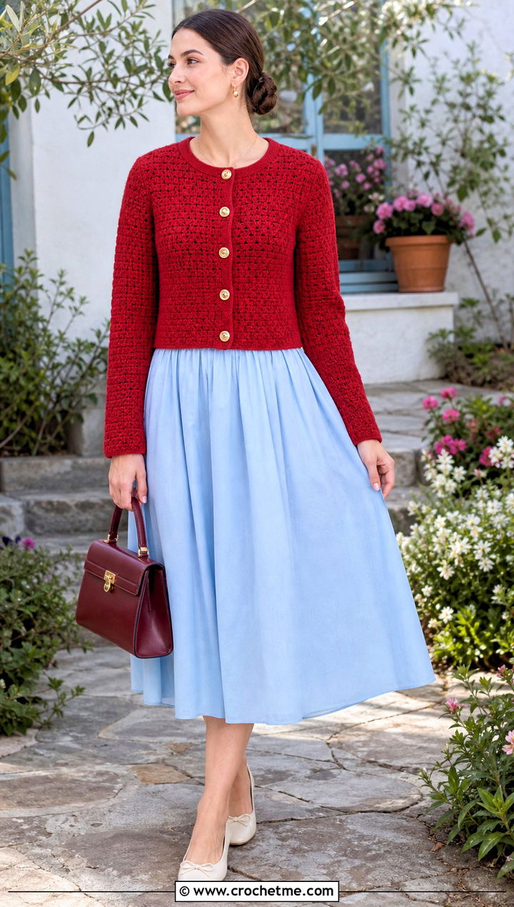 Button Front Cropped Crochet Sweater Over A Midi Dress - 35 crop crochet sweater outfit ideas
