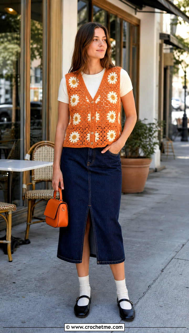 Button Front Daisy Granny Square Crochet Vest With Denim Midi Skirt - 25 Granny Square Crochet Vest outfit ideas