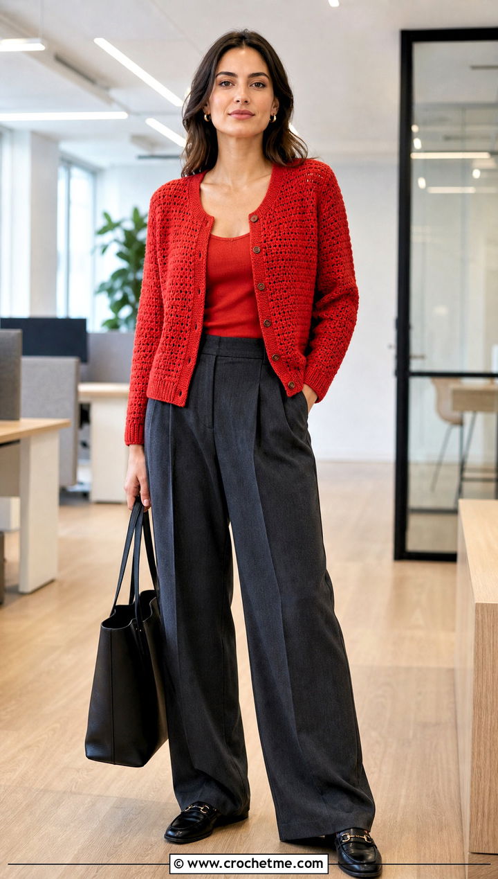 Button Front Double Crochet Cardigan With Tailored Trousers - 25 Double Crochet Cardigan outfit ideas