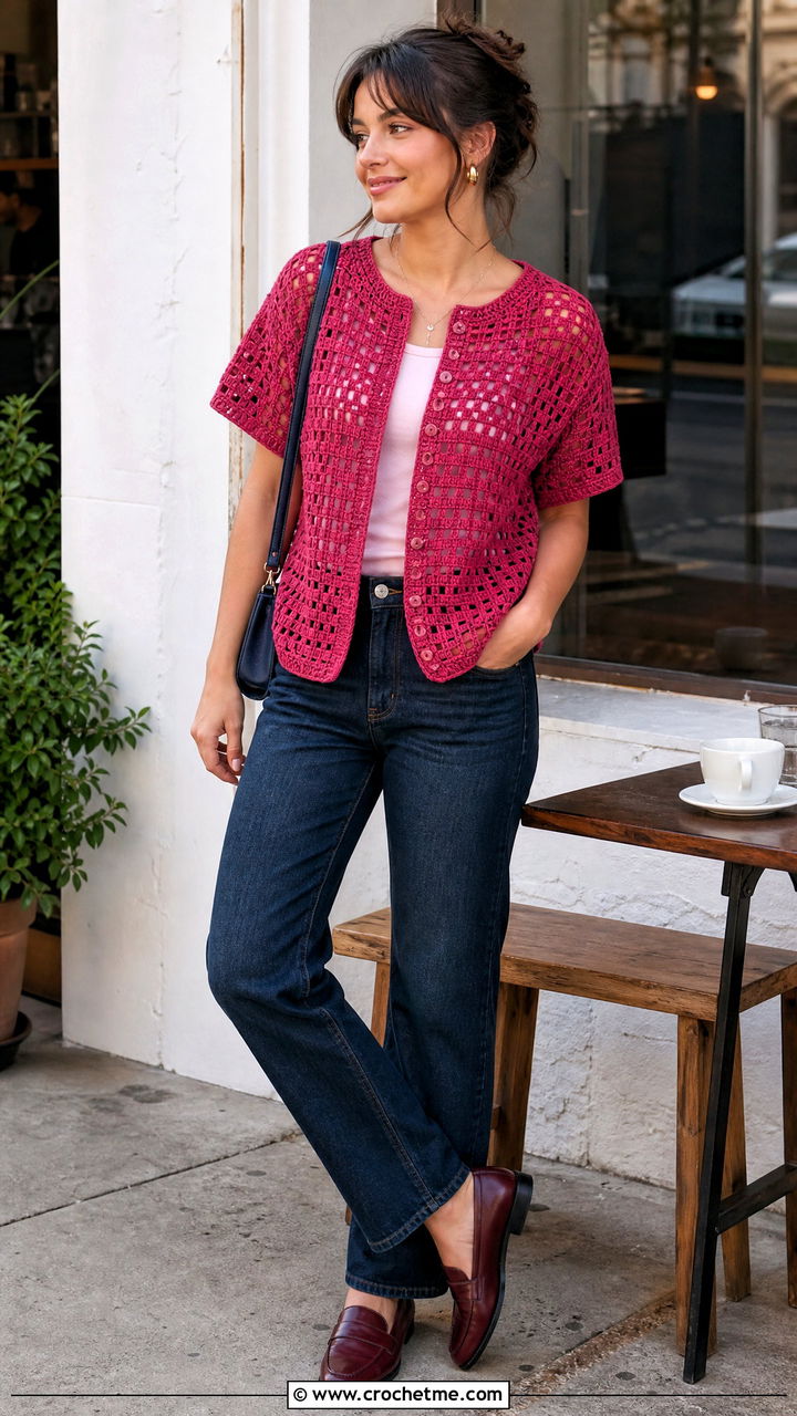 Button Front Filet Crochet Top With Straight Leg Jeans - 35 fillet crochet top outfit ideas
