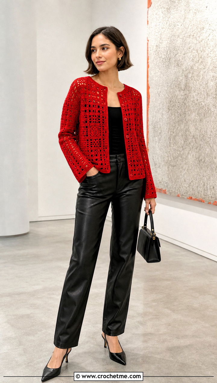 Button Front Geometric Filet Crochet Cardigan With Leather Pants - 25 filet crochet cardigan outfit ideas