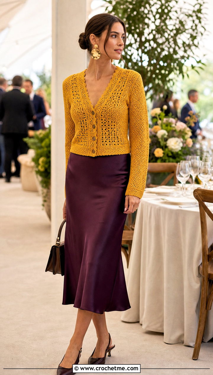Button Front Gold Crochet Cardigan With Satin Midi Skirt - 15 gold crochet cardigan outfit ideas
