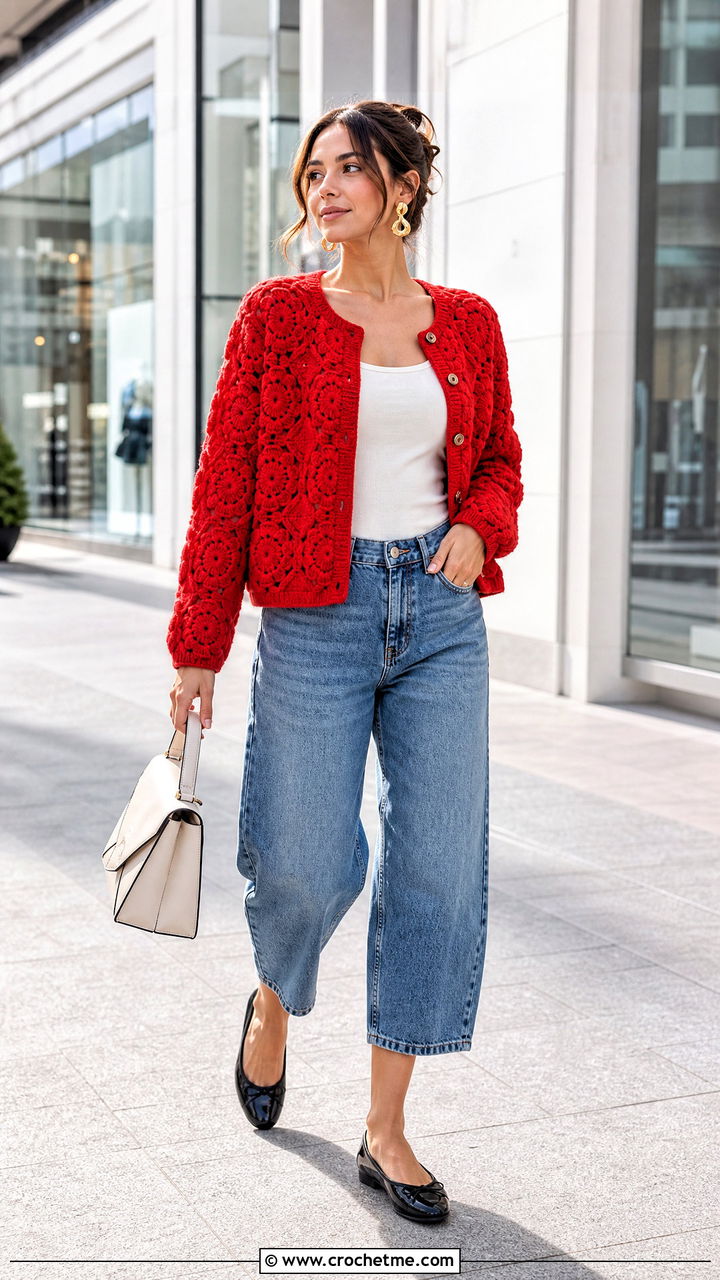 Button Front Granny Cardigan With Barrel Jeans - 35 crochet granny cardigan outfit ideas