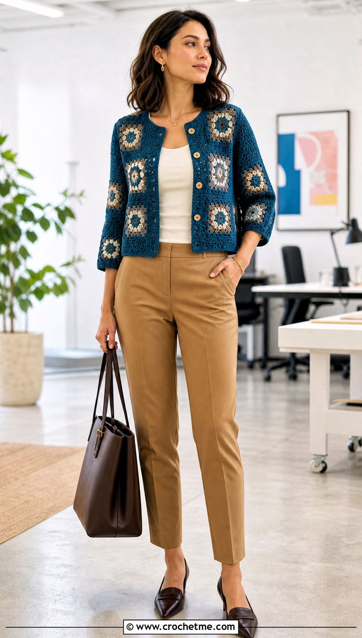 Button Front Granny Square Bolero With Cigarette Pants - 35 granny square bolero outfit ideas