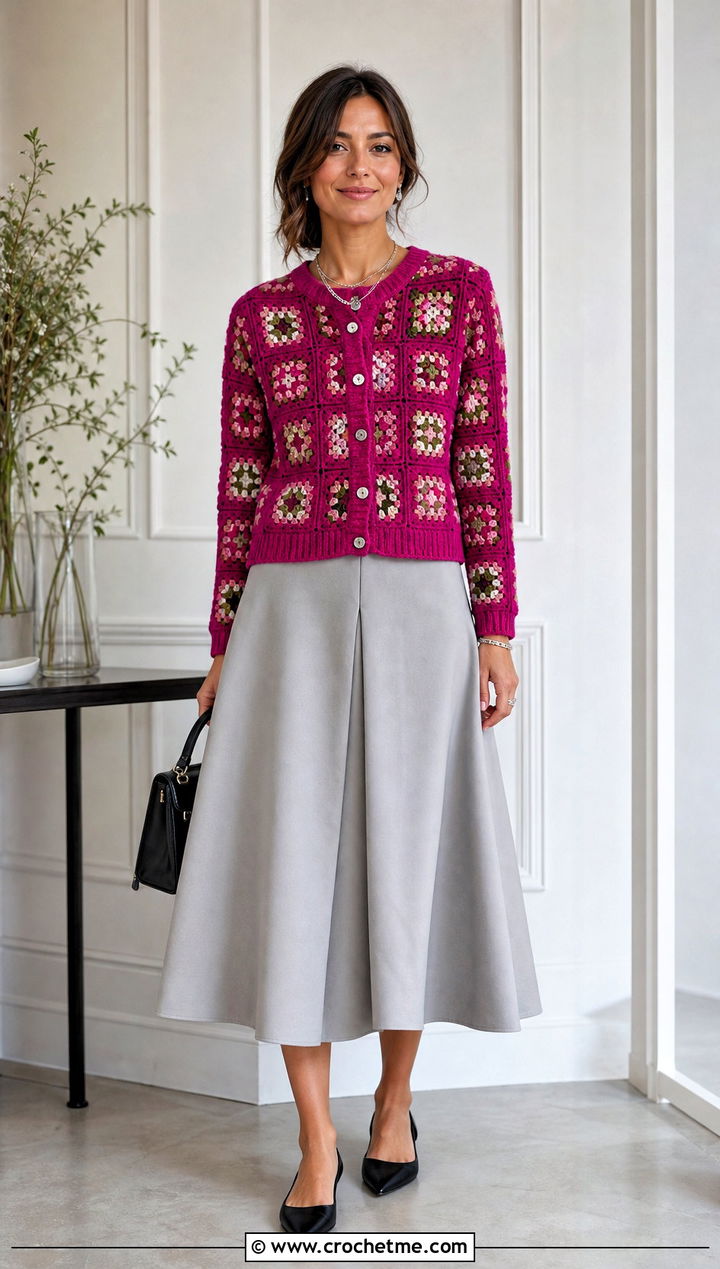 Button Front Granny Square Cardigan With A Line Midi Skirt - 35 granny square crochet cardigan jacket outfit ideas