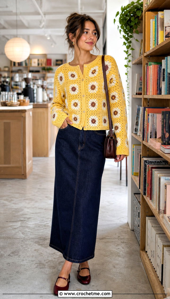 Button Front Granny Square Cardigan With Denim Maxi Skirt - 15 originally lovely granny square cardigan outfit ideas