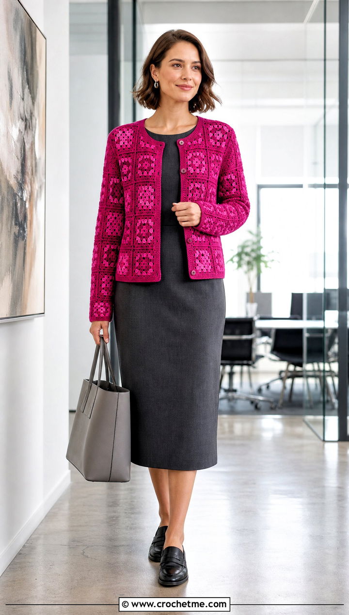 Button Front Granny Square Cardigan With Office Midi Dress - 25 One Granny Square Cardigan outfit ideas