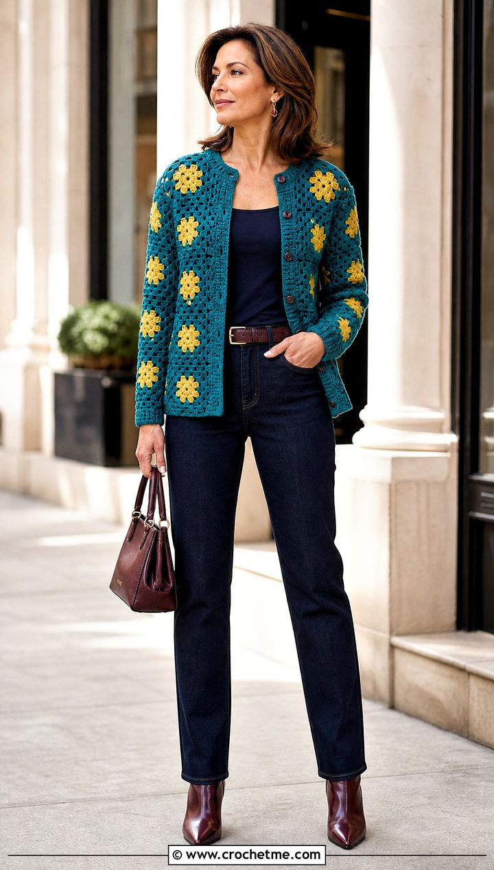 Button Front Granny Square Cardigan With Tailored Jeans - 15 Granny Square Cardigan Sweaters & Cardigans outfit ideas