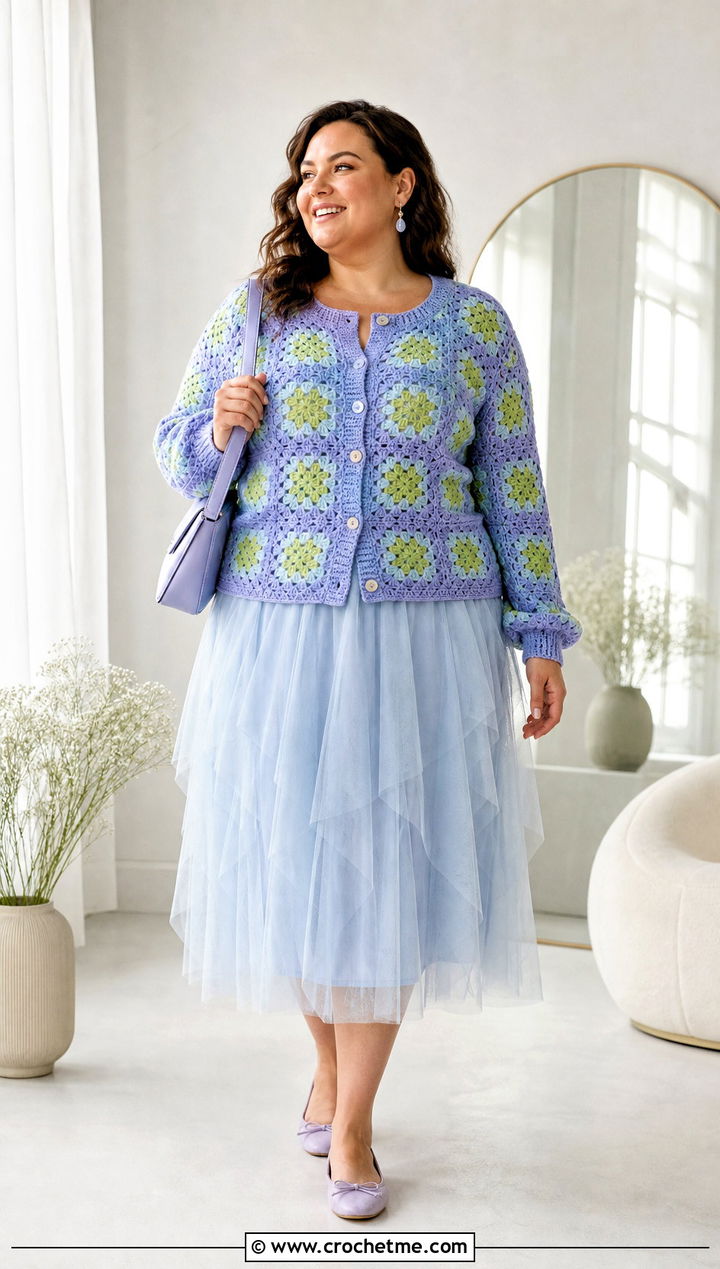 Button Front Granny Square Cardigan With Tulle Midi Skirt - 30 plus size crochet granny square cardigan outfit ideas