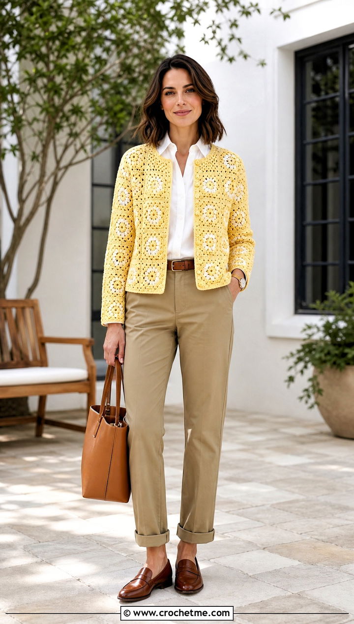 Button Front Granny Square Jacket With Chinos - 30 granny square jackets outfit ideas