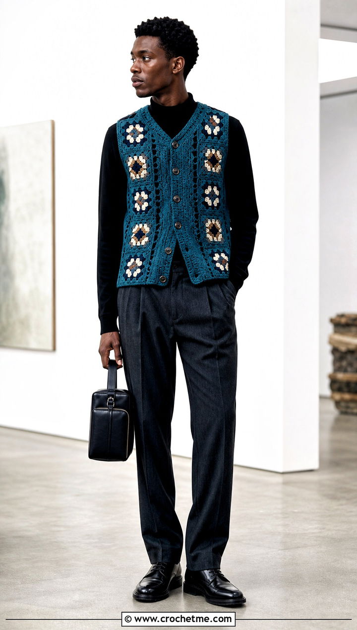 Button Front Granny Square Mens Vest With Pleated Trousers - 25 crochet granny square mens vest outfit ideas