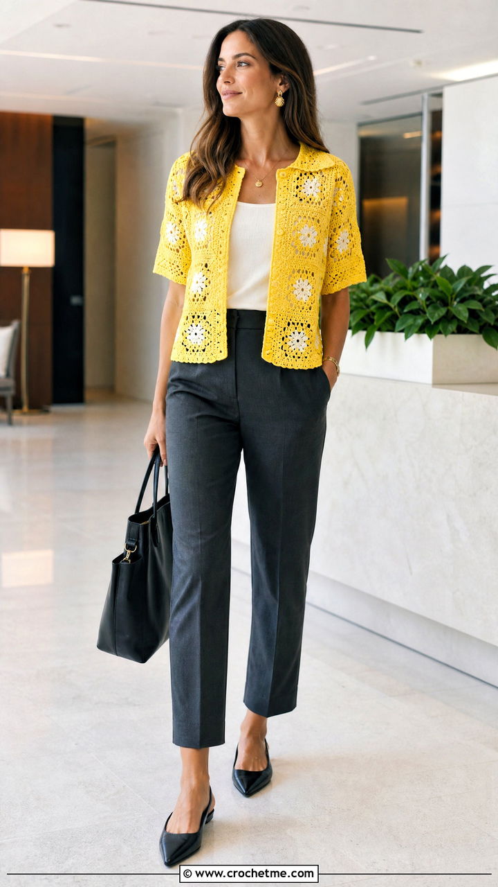 Button Front Granny Square Shirt With Tailored Trousers - 35 granny square shirt outfit ideas