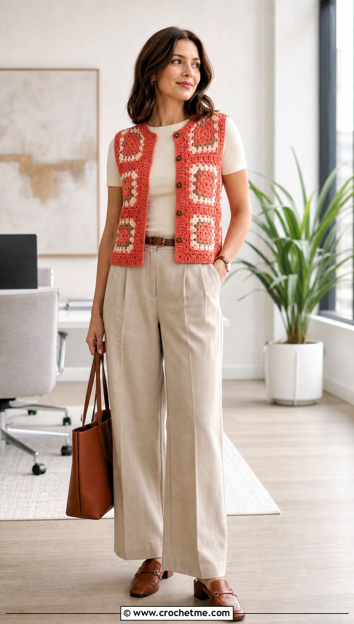Button Front Granny Square Sleeveless Cardigan With Pleated Pants - 30 granny square sleeveless cardigan outfit ideas