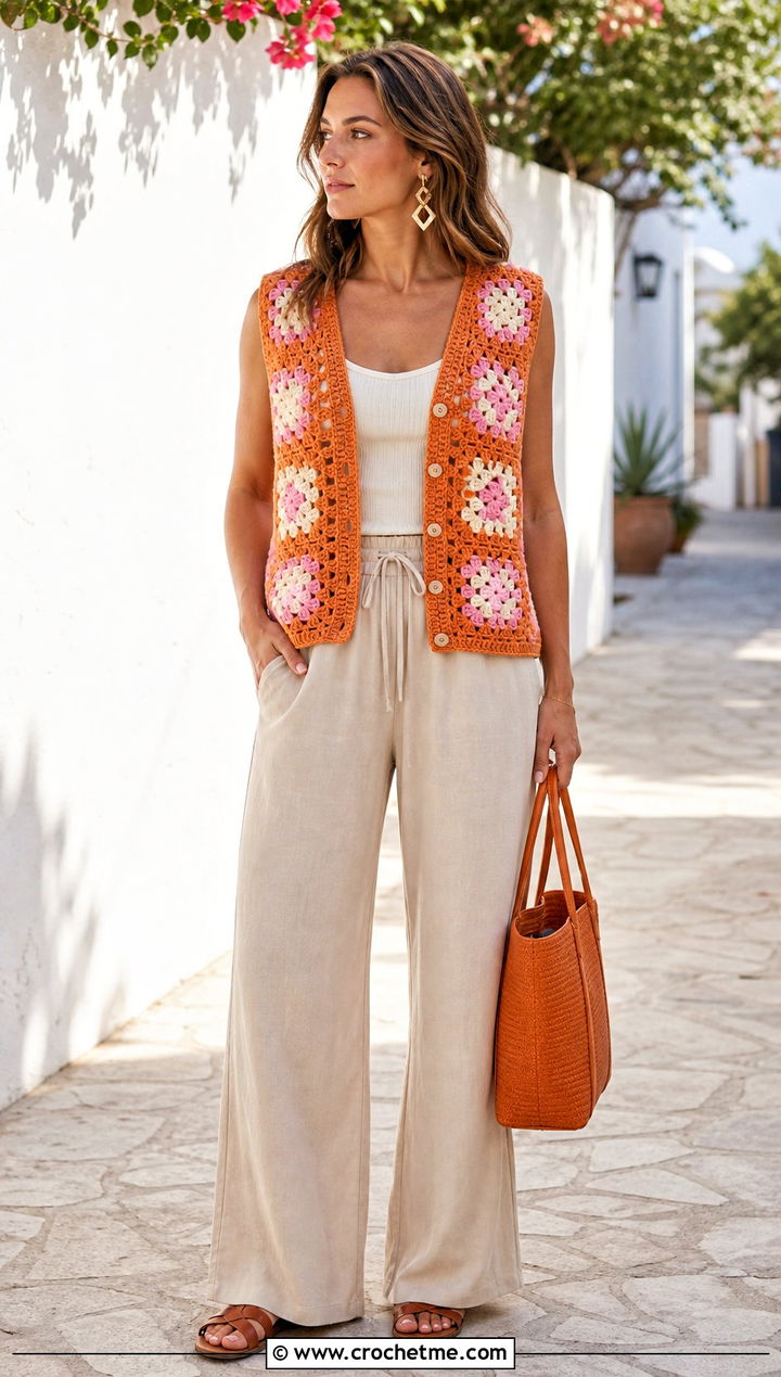 Button Front Granny Square Sweater Vest With Wide Leg Pants - 15 Crochet Granny Square Sweater Vest outfit ideas