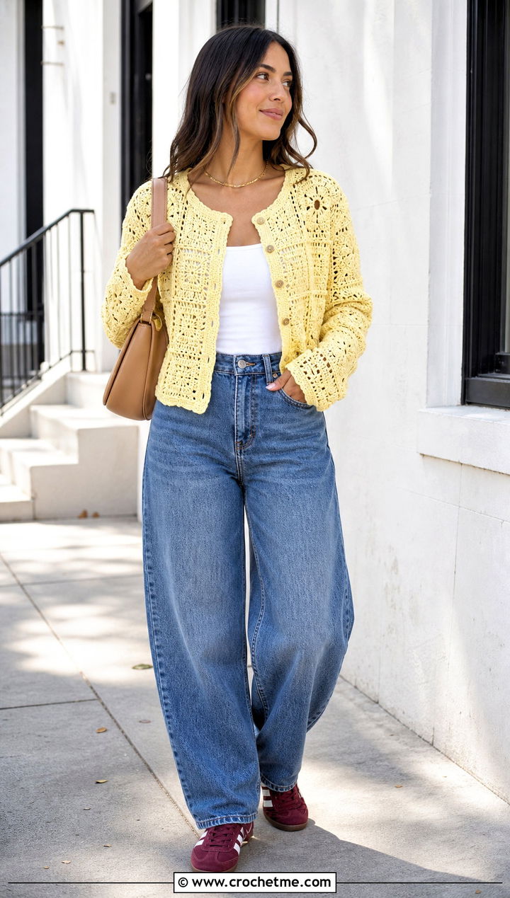 Button Front Granny Square Top With Barrel Jeans - 35 granny squares top outfit ideas