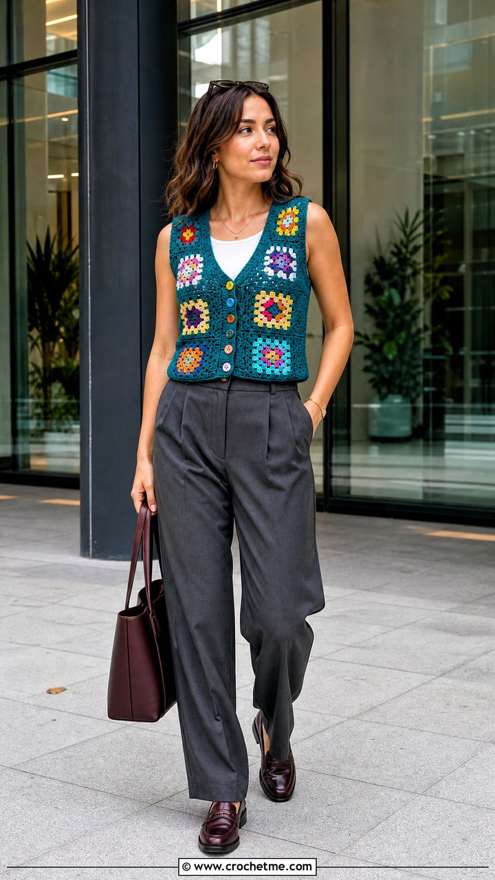 Button Front Granny Square Vest Top With Office Trousers - 35 granny square summer top outfit ideas