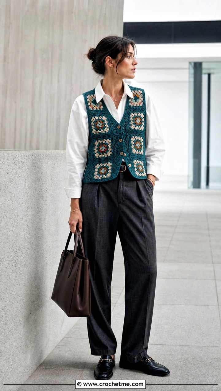 Button Front Granny Square Vest With Tailored Trousers - 25 Granny Squares Vest outfit ideas