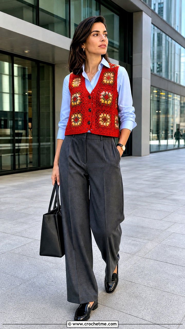 Button Front Granny Square Vest With Tailored Trousers - 35 granny square vest outfit ideas