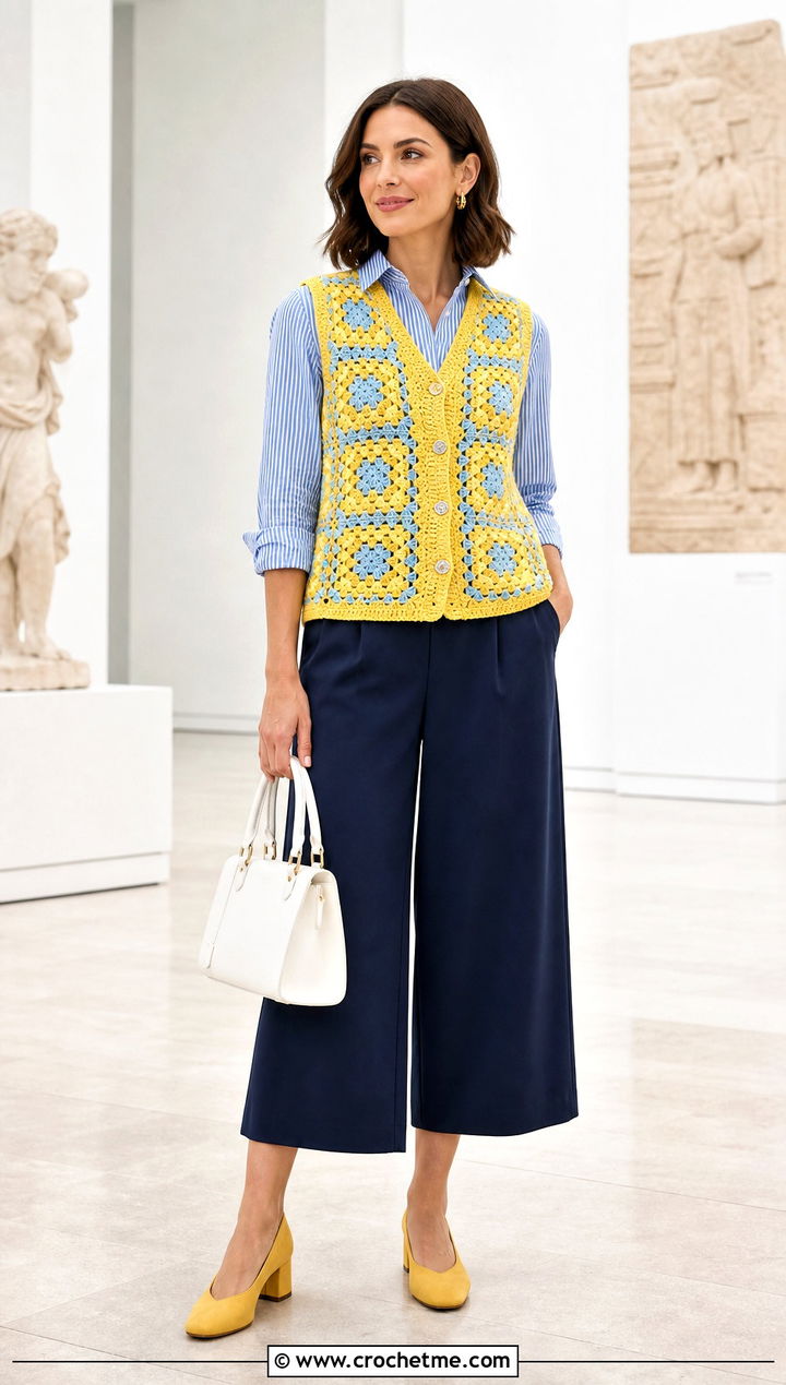 Button Front Granny Square Waistcoat With Culottes - 35 granny square waistcoat outfit ideas