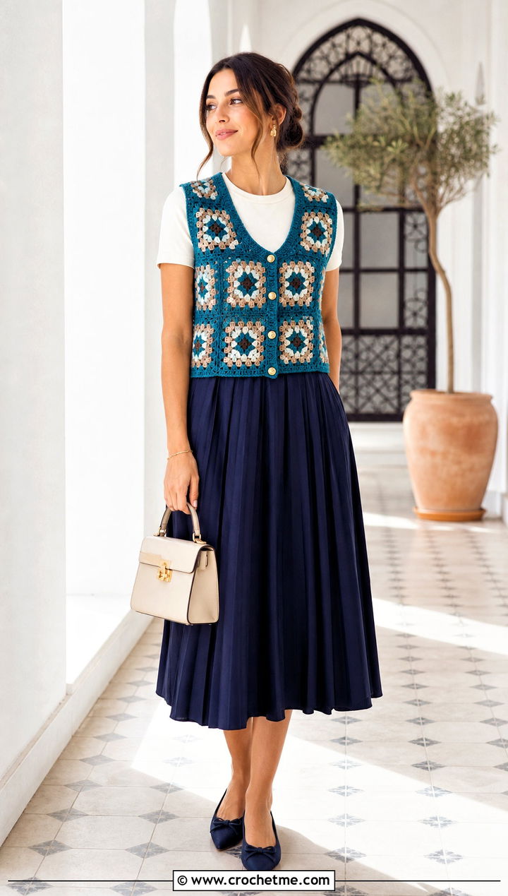 Button Front Granny Square Waistcoat With Pleated Midi Skirt - 25 crochet granny square waistcoat outfit ideas