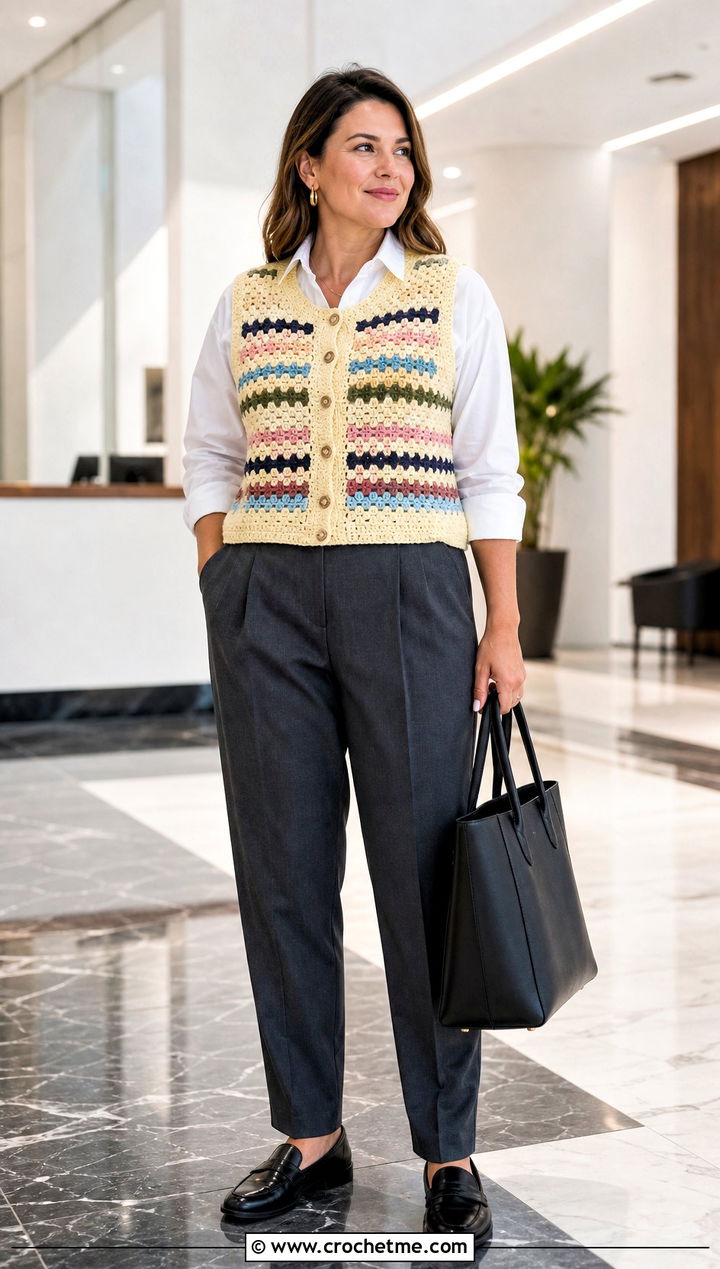 Button Front Granny Stripe Crochet Vest With Tailored Trousers - 15 granny stripe crochet vest outfit ideas