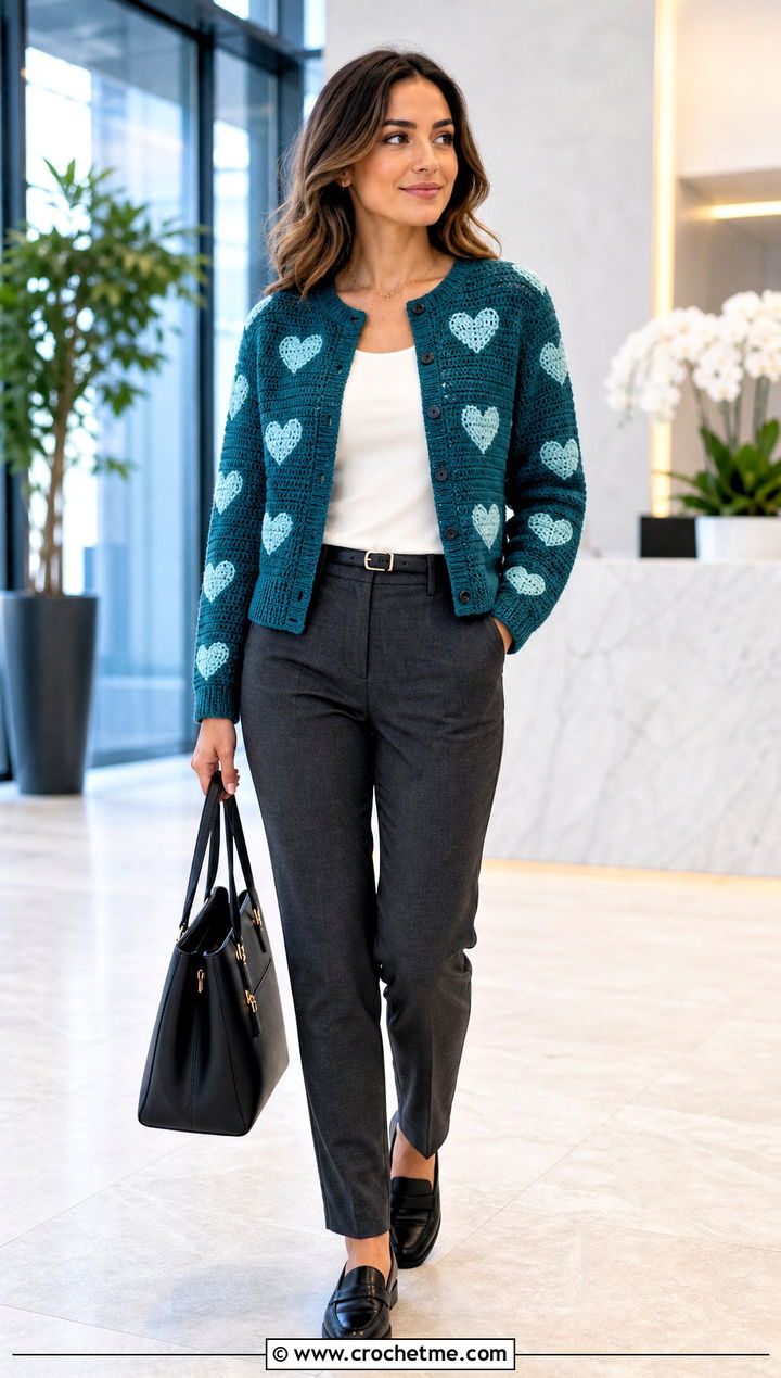 Button Front Heart Cardigan With Tailored Trousers - 35 crochet heart cardigan outfit ideas