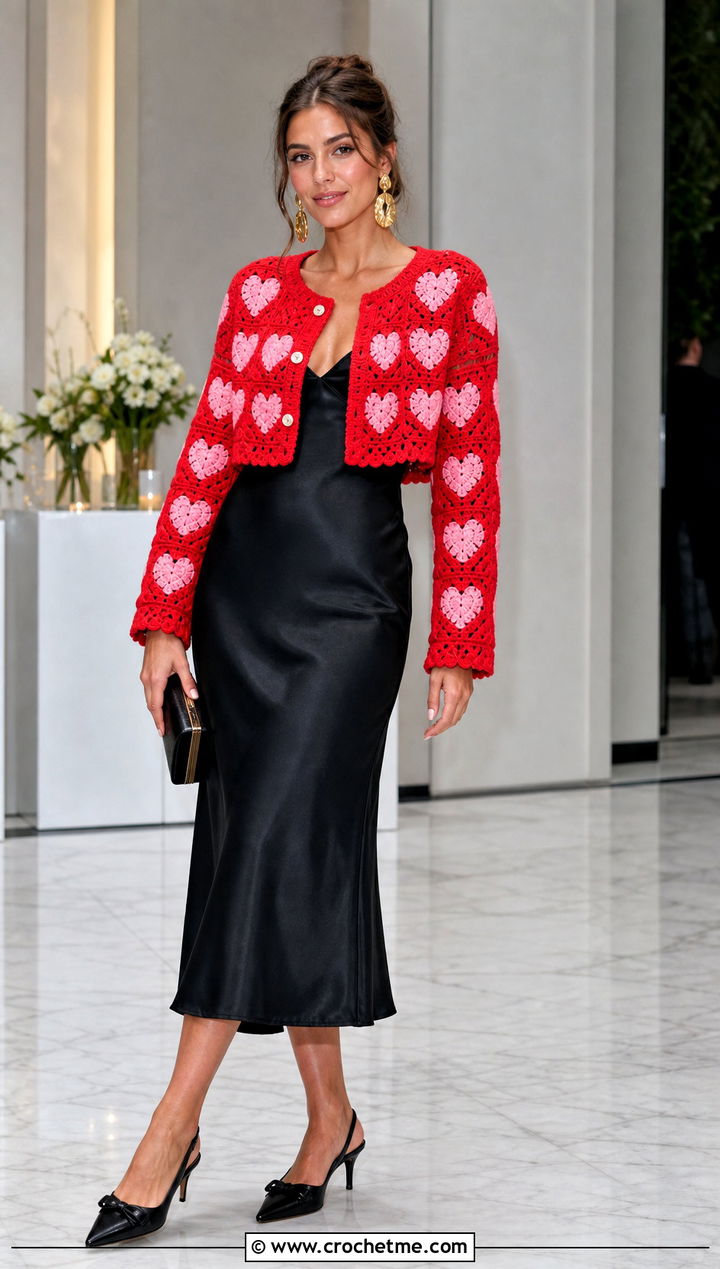 Button Front Heart Granny Square Cardigan With Satin Slip Dress - 35 Heart Granny Square Cardigan outfit ideas