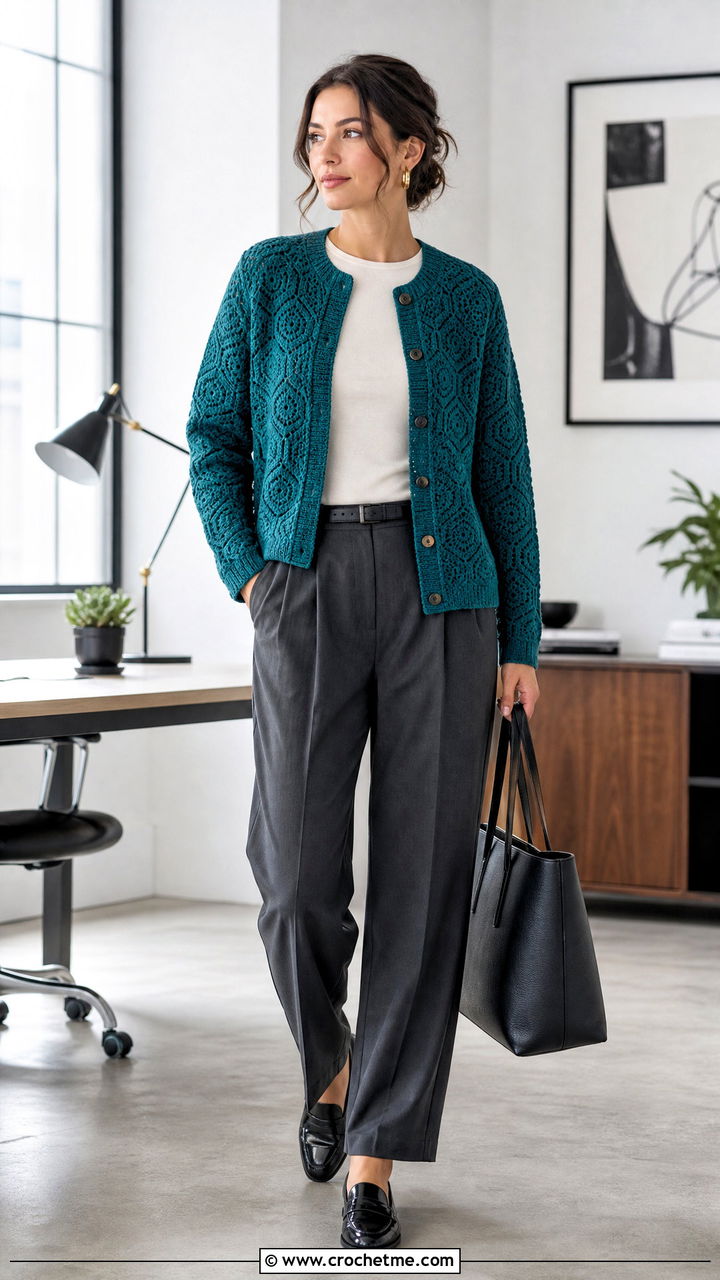 Button Front Hexagon Cardigan With Tailored Trousers - 35 crochet hexagon sweater outfit ideas