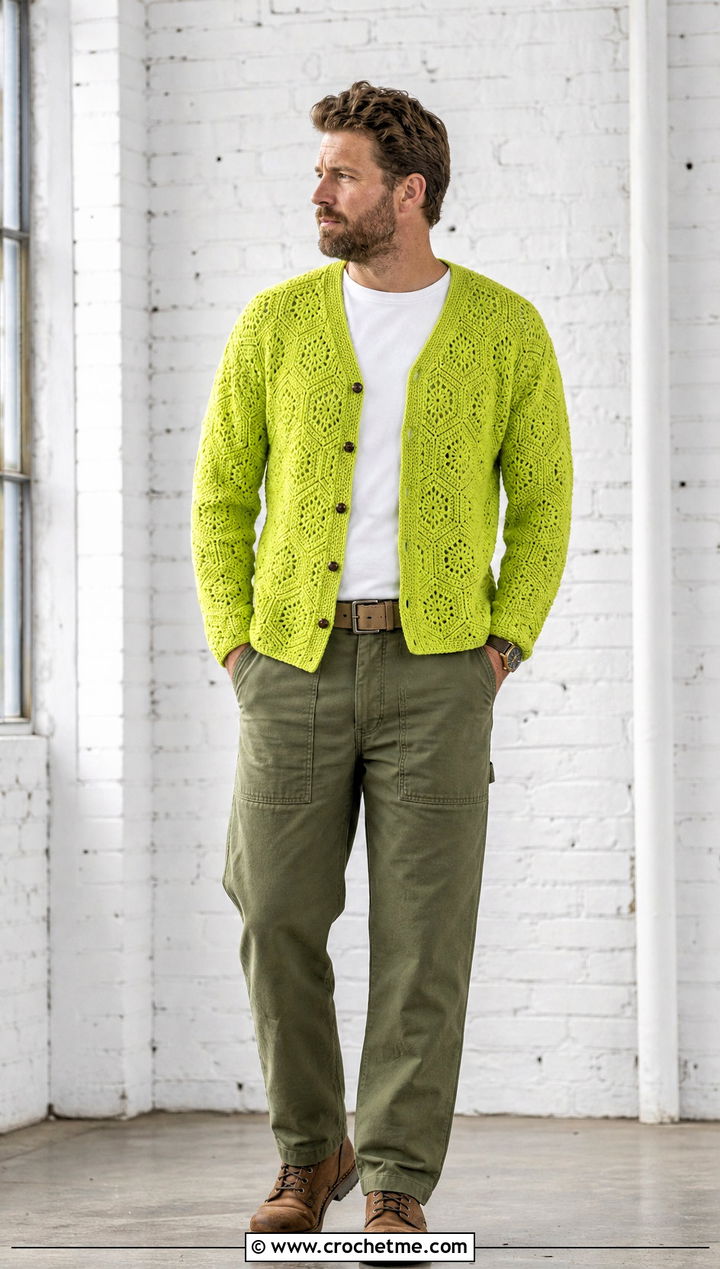 Button Front Hexagon Crochet Cardigan With Fatigue Pants - 35 men hexagon crochet cardigan outfit ideas