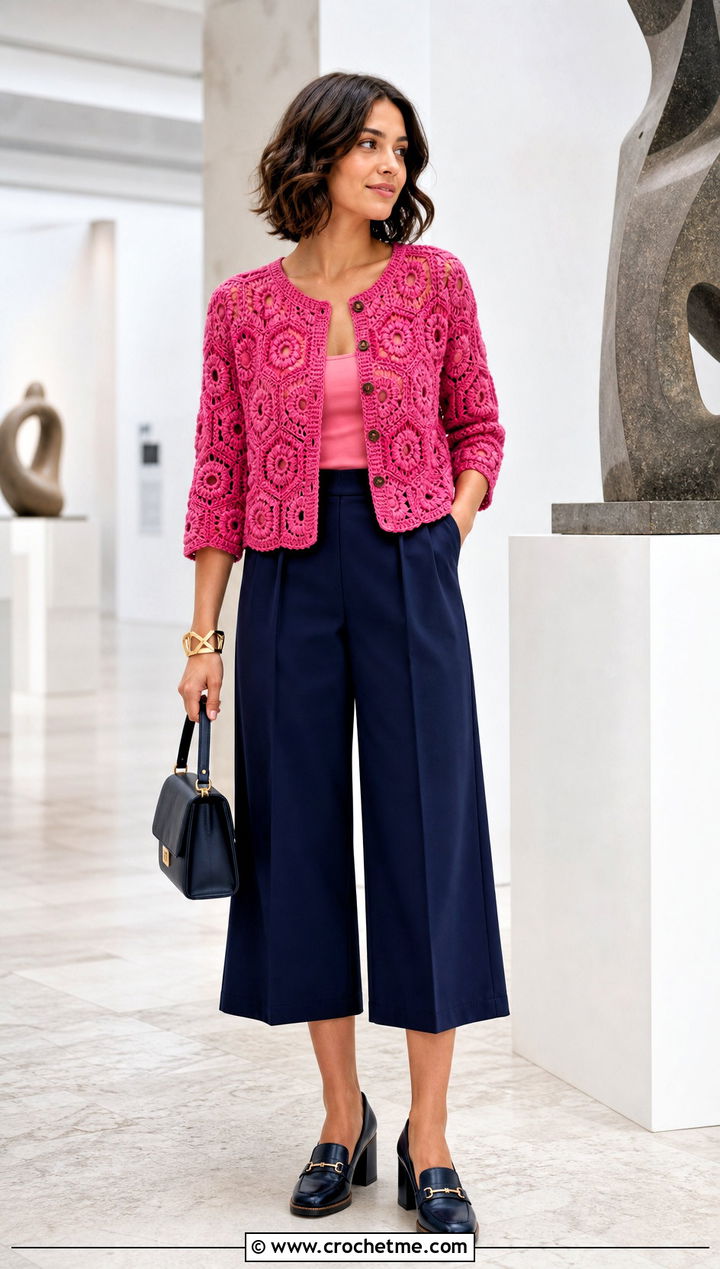 Button Front Hexagon Granny Square Cardigan With Culottes - 35 hexagon granny square sweater outfit ideas