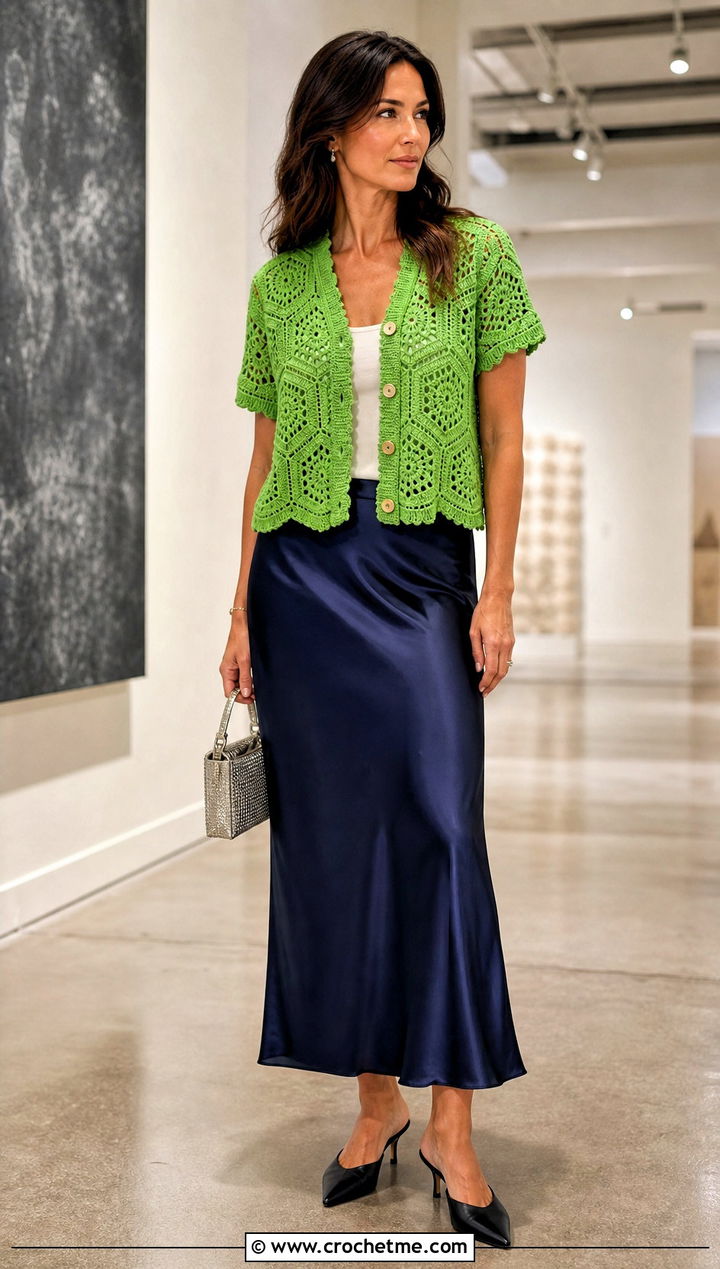 Button Front Hexagon Top With Slip Skirt - 35 crochet hexagon top outfit ideas