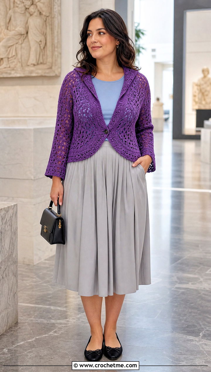 Button Front Hooded Crochet Shrug With Pleated Skirt - 25 hooded crochet shrug outfit ideas
